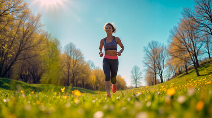 Energetic female jogger running through blooming spring park, smiling as she exercises amidst vibrant yellow wildflowers and budding trees under clear blue sky