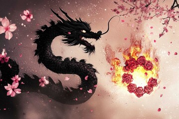 Poster - Black Dragon and Burning Rose Wreath