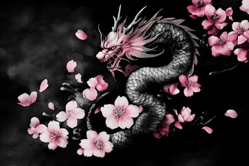 Poster - Dragon and Cherry Blossom Watercolor Art