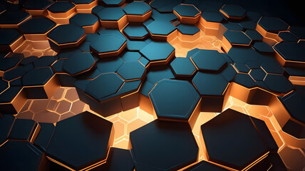 Poster - Glowing Hexagon Abstract: Dark teal and orange glowing hexagons create an abstract background with depth and texture. Perfect for technology, design, and futuristic concepts. 