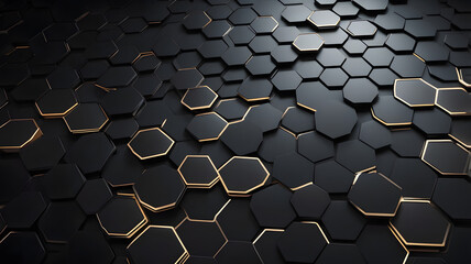 Poster - Abstract Hexagon Pattern:  A futuristic and minimalist design, featuring a seamless pattern of black hexagons with golden outlines.  This modern and elegant design is perfect for backgrounds.