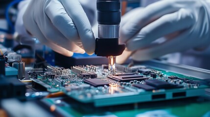 Poster - technician performs precision work on electronic circuit board under focused light in a lab at a tec