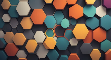 Poster - Abstract Hexagon Pattern: Vibrant, colorful hexagons interlock in a captivating 3D pattern, creating a mesmerizing visual of geometric harmony.