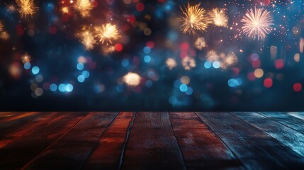 A wooden table with blurred, colorful fireworks in the background.