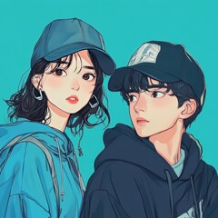 A youth girl and a youth boy，they are Asian faces in anime cartoon image. The  designs are vigour and eye-catching. The cartoon style brings a sense of imagination and creativity.   