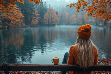 Poster - A woman sitting on a park bench with a cup of coffee, enjoying the view of a calm lake.