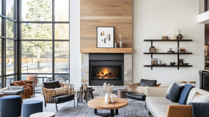 Sticker - A modern living room featuring cozy fireplace, large windows, and stylish furniture. space is bright and inviting, perfect for relaxation and gatherings