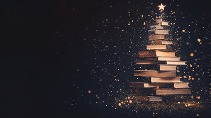 Wall Mural - a christmas tree made from stack of books with warm christmas lights. muted cottagecore aesthetics with dark brown background. neutral soft brush strokes that creates a smooth texture.