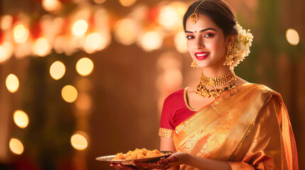 Sticker - young indian woman celebrating diwali festival at home