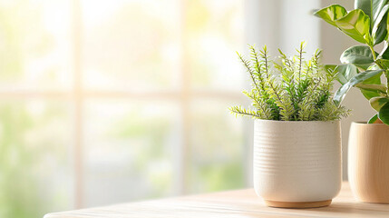 A serene indoor scene featuring potted plant with lush green foliage, adding touch of nature to bright and airy space. soft sunlight enhances peaceful atmosphere