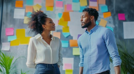 Poster - Two professionals discuss ideas in a creative office space filled with colorful sticky notes while planning a project