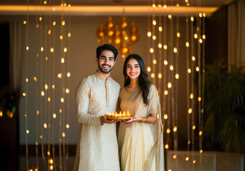 Poster - young indian couple holding oil lamp plate together on diwali