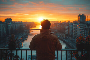 Poster - A man standing on a balcony overlooking the city, sipping coffee and enjoying the morning air.