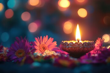 Lit diya surrounded by colorful flowers for Diwali