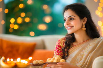 Poster - happy indian woman with sweet ladu plate on diwali festival