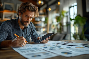 Poster - a man reviewing financial documents at a large, minimalist desk, with only a tablet and a pen beside