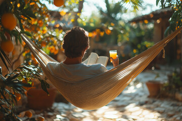 Sticker - A man relaxing in a hammock in his backyard, reading a book and sipping lemonade on a sunny afternoon.