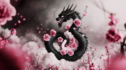 Poster - Black Dragon and Pink Cherry Blossoms in a Dreamlike Setting