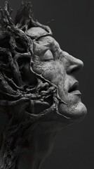 Wall Mural - Surreal Sculpture: Human Face Entwined with Roots