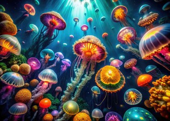 Sticker - Mesmerizing Glowing Jellyfish Illuminating the Deep Ocean Waters in Vibrant Colors and Patterns