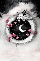 Wall Mural - White Dragon with Crescent Moon and Cherry Blossoms