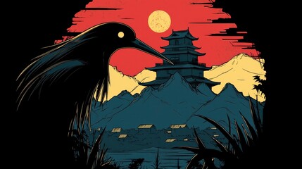 Sticker - Raven Over Japanese Pagoda at Sunset