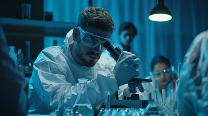 Poster - A man in a lab coat is looking through a microscope