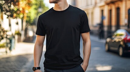 Young Model Shirt Mockup, Boy wearing black t-shirt on street in daylight, Shirt Mockup Template on hipster adult for design print, Male guy wearing casual t-shirt mockup placement .generative ai