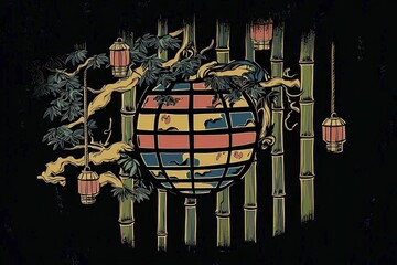 Sticker - Asian Lanterns Hanging in a Bamboo Forest with a Globe in the Center