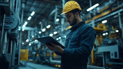 Poster - A worker in a safety helmet monitors machinery performance using a tablet in a busy industrial warehouse during the evening shift