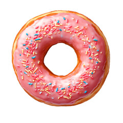 Top view Glazed pink donut with sprinkles isolated on white background. Tasty Fresh donut.