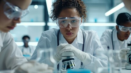 Poster - A woman wearing a lab coat and goggles is looking through a microscope