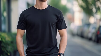 Young Model Shirt Mockup, Boy wearing black t-shirt on street in daylight, Shirt Mockup Template on hipster adult for design print, Male guy wearing casual t-shirt mockup placement .generative ai