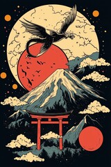 Sticker - Dragon Flying Over Mount Fuji With Torii Gate and Red Moon