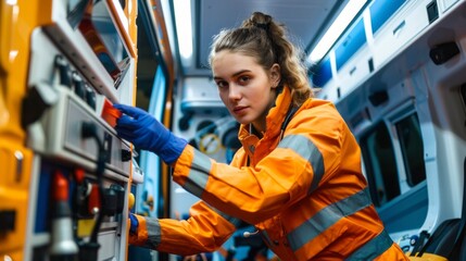 Aufkleber - A woman in an orange jacket is working in an ambulance
