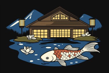 Poster - Koi Fish Swimming in Front of Japanese House at Night