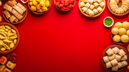 Indian traditional sweets placed on red background