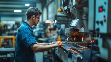 Poster - Young technician operating machinery in a modern workshop during daytime focusing on precision manufacturing tasks
