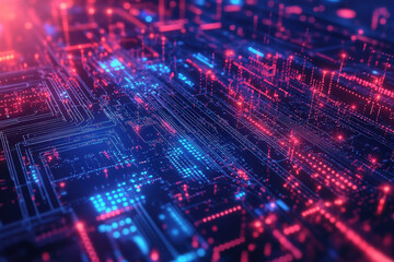 Poster - Exploring intricate patterns of a vibrant digital circuit board illuminated by glowing blue and red lights at night. Generative AI