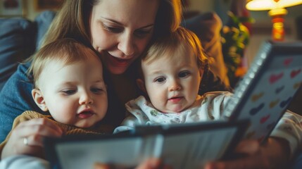 a woman and two children sitting together, engaged with a laptop screen.