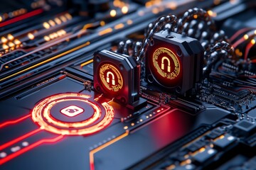 Aufkleber - 3D-rendered encrypted data stream flowing between devices, with fully modeled encryption locks and anonymous user symbols in a dynamic, digital environment