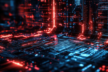 Poster - Exploring a futuristic digital landscape of glowing circuits and neon lights in a high-tech environment at dawn. Generative AI