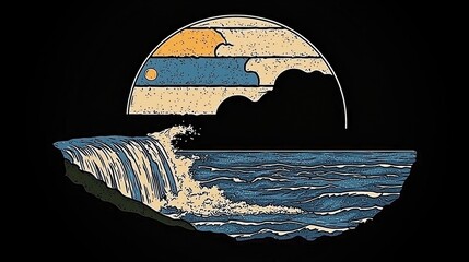 Sticker - Retro Sunset and Ocean Waves Illustration