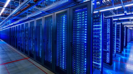Poster - High-Tech Data Center with Server Racks and Blue Lights