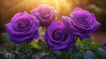 Poster - Vibrant purple roses glistening with raindrops under golden morning light in a garden setting