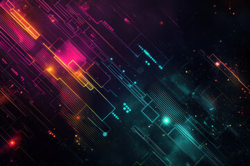 Poster - Colorful abstract digital landscape with vibrant lines and geometric shapes reflecting futuristic technology concepts at night. Generative AI