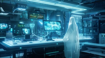 Poster - Futuristic Ghostly Figure in High-Tech Laboratory