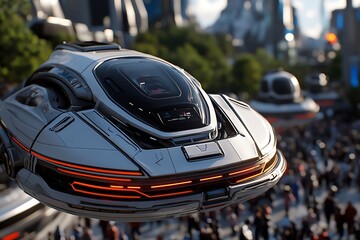 Poster - A bustling futuristic downtown plaza with floating walkways and crowds of people, surrounded by advanced architecture and high-tech design