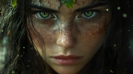 Poster - Intense Gaze: A Woman's Portrait with Green Eyes and Freckles