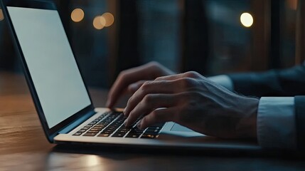 Poster - Blank screen on a laptop, perfect for showcasing content, as a man uses the keyboard in an office environment.